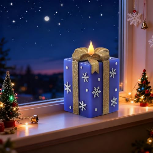 Blue Flameless Gift Box Candle with Remote Timer - Hand-Painted Christmas Decor