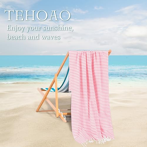 Tehoao Oversized Turkish Beach Towel - 39"x71" Quick Dry Cotton, Pink Stripe
