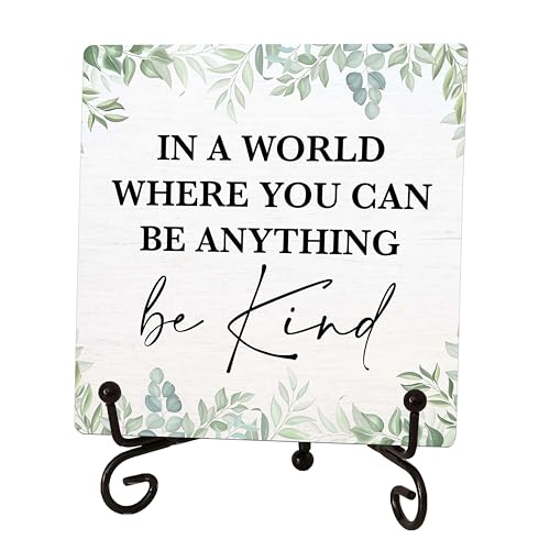 Be Kind Motivational Wooden Desk Sign with Iron Stand, 5x5 Inch Eucalyptus