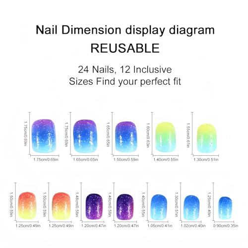 Short Square Press on Nails Glossy Gradient Rainbow Fake Nails 24 Pcs