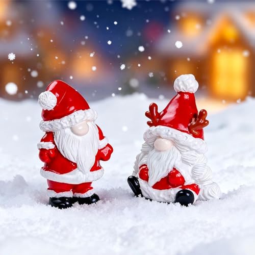 Set of 8 Mini Christmas Village Figurines - Santa, Snowman, Houses & Gnome Ornaments - Village Themed