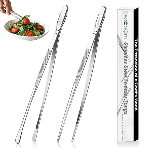 12-Inch Stainless Steel Cooking Tweezers - Dual-Tip Tongs for BBQ & Plating