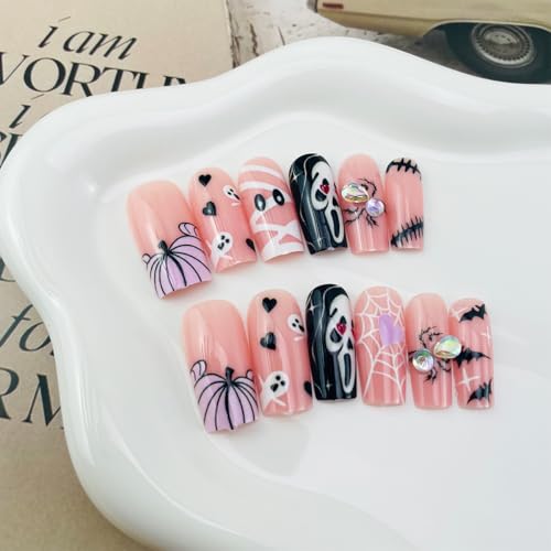 VGNRAR Halloween Long Square Pink Press On Nails with 3D Spider Rhinestones