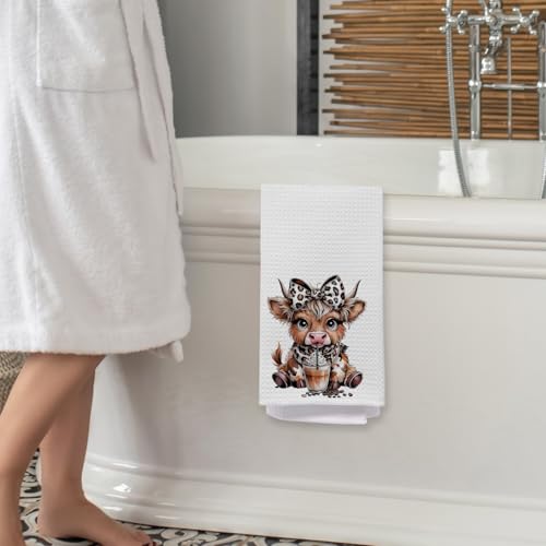 Highland Cow Kitchen Towels with Leopard Bow - 16x24 Inch