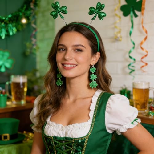 St. Patrick's Day Headband and Earrings Set - Green Glitter Shamrock