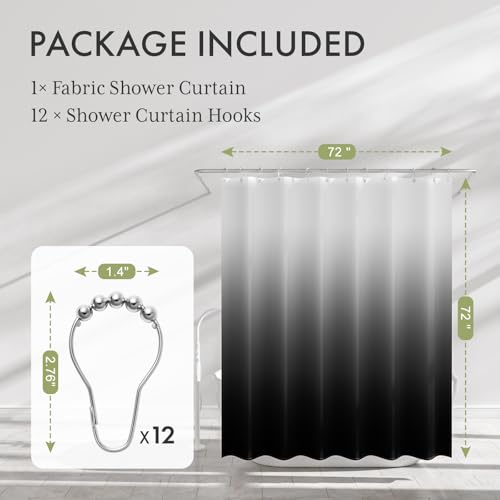 AmazerBath Ombre Black Shower Curtain Set, 72x72 Inches with Hooks
