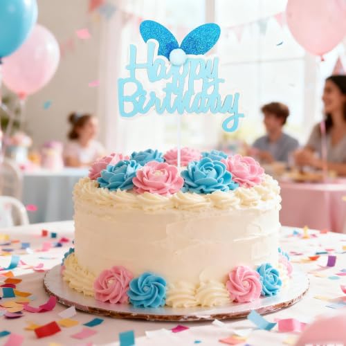 Blue Glitter Bunny Ears Cake Topper for Kids Birthday Party