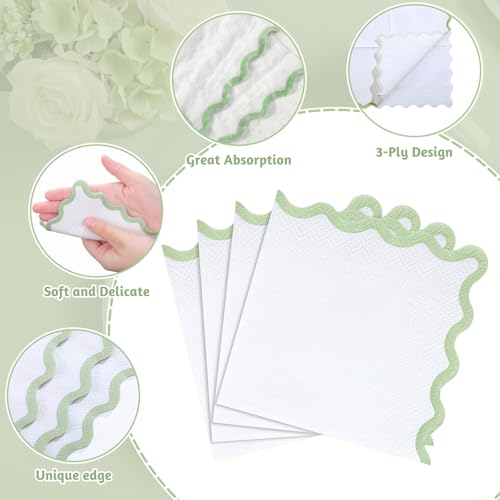 NatNarr Sage Green Scalloped Paper Napkins, 3-Ply Disposable, 80 Count