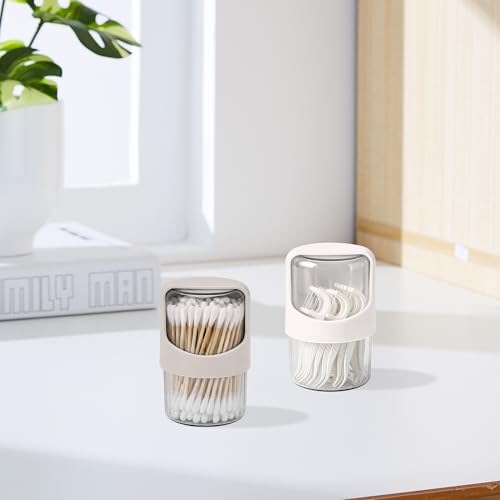 ReignSword 2-Pack Off-White & Light Gray Qtip Dispensers with Rotating Lid, Clear Bathroom Cotton Swab Holders