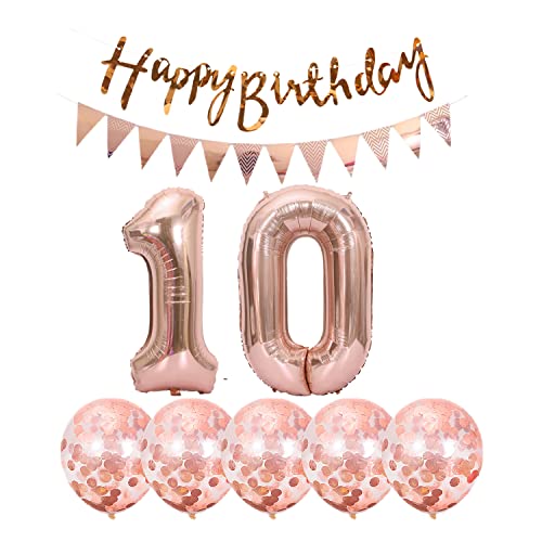 Rose Gold 10th Birthday Party Decoration Kit with Number 10 Foil Balloons and Banner