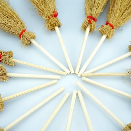 15 Mini Straw Brooms with Red Ropes - Halloween Party Decor