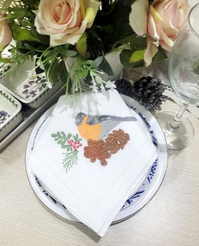Christmas Bird & Pine Embroidered Cloth Napkin Set of 6 - 20x20 Cotton Table Linens with Hemstitch Details - Holiday & Daily Use
