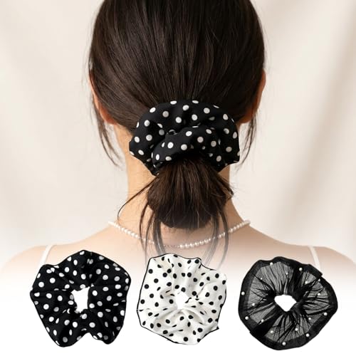 Nogeqi 3 Pcs Oversized Satin Scrunchies with Pearl and Polka Dot