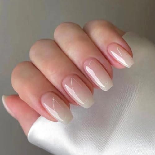ANDGING Ombre White & Pink Coffin Press on Nails - 24Pcs Short False Acrylic Nails
