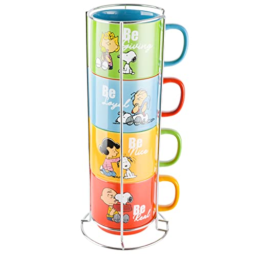 Peanuts Snoopy 15oz Stackable Mug Set with Metal Rack - Assorted Colors