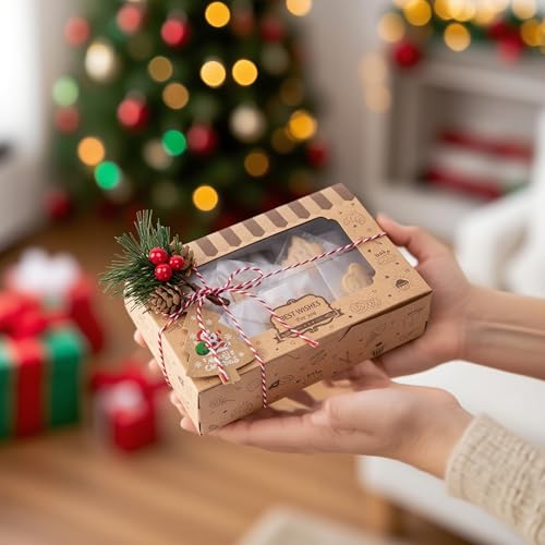Christmas Cookie Gift Box Set with Pine Picks - 36 Pack Holiday Bakery Packaging