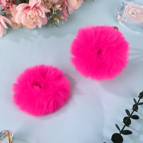 Semato Hot Pink Fuzzy Hair Scrunchies 2Pcs Faux Fur Pom Pom Ponytail Holders
