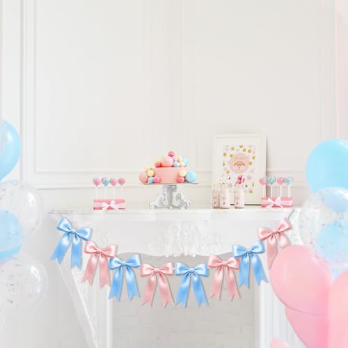 Baby Pink & Blue Bow Garland Banner - 16PCS Pre-Strung Decor