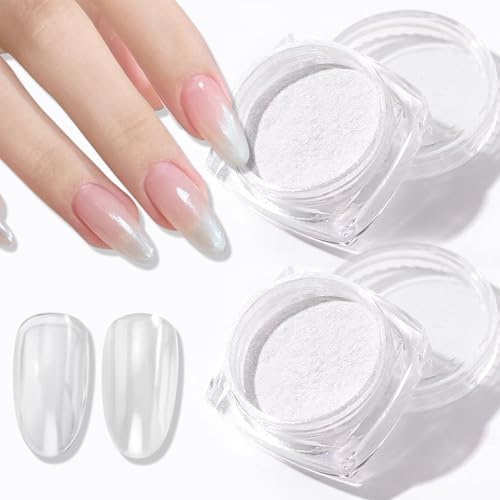 UTLANEYA White Pearl Chrome Nail Powder - 2 Pcs Iridescent Aurora Mirror Effect Pigment for Nail Art