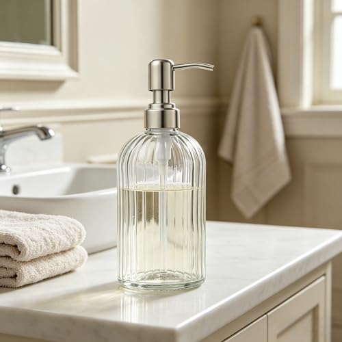 Vertical Clear Glass Hand Soap Dispenser with Silver Pump - 18 OZ