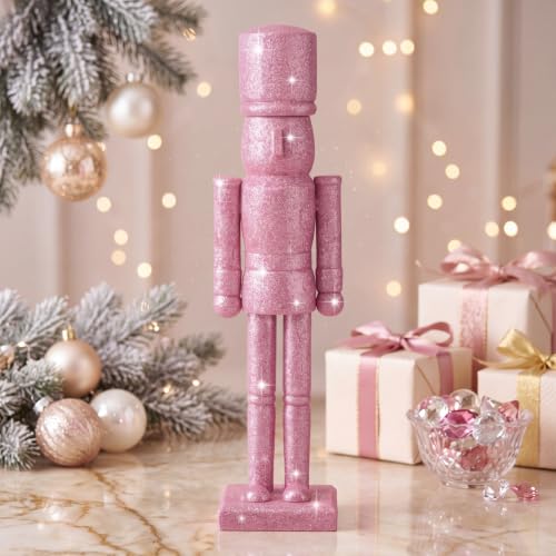 Pink Christmas Nutcracker Figurine - 15 Inch Glitter Soldier Decor