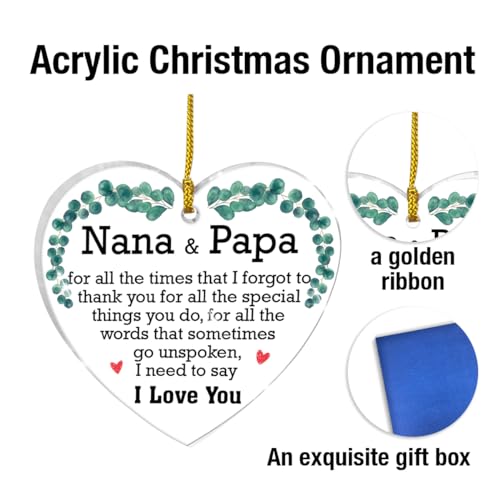 Nana and Papa Christmas Ornament - Acrylic Heart Keepsake Gift for Grandparents