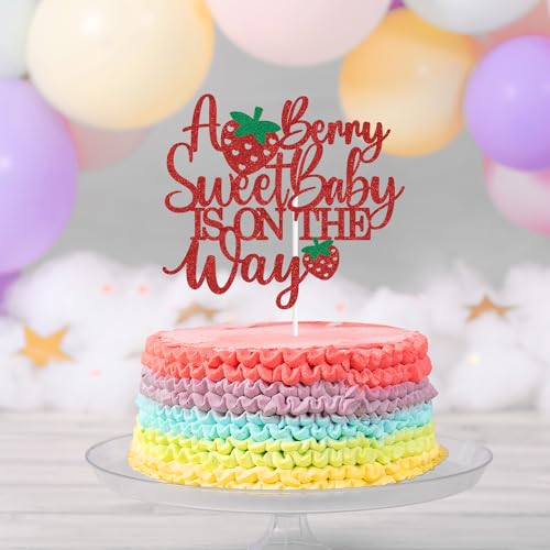 A Berry Sweet Baby is on the Way Red Glitter Cake Topper for Parties