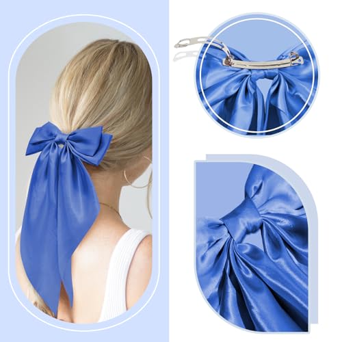 Tisbonsy Large Satin Hair Bows for Women, 3-Pack Royal Blue Oversized Long Tail Bow Barrettes and Ponytail Holders