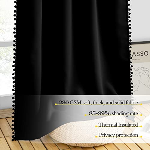 NICETOWN Blackout Curtains 2 Panels Jet Black 42"W x 63"L with Pom-Poms, Thermal Insulated Boho Style for Nursery, Playroom, Kitchen (Pack of 2)