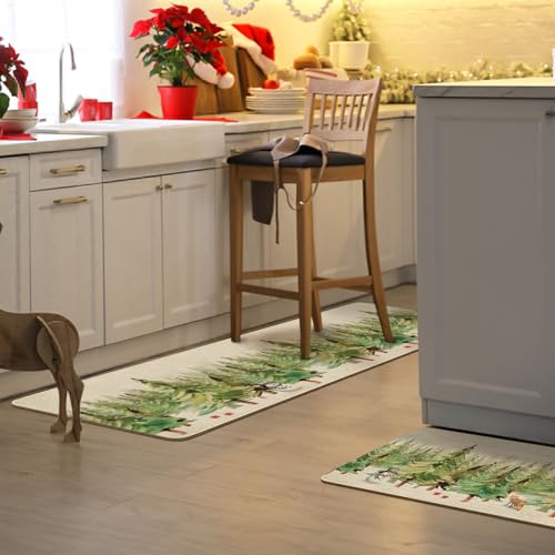 2025 Christmas Kitchen Rugs Set of 2 - Snowy Forest Deer Fox Snowflake Decor