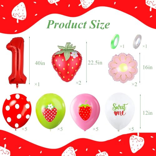 25 Pcs Strawberry Balloons Set with 40 Inch Red Number 1 Foil