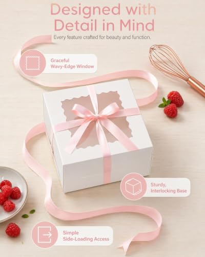 qiqee 10x10x5 White Cake Box Set with Window & 4 Round Cake Boards - 10 Inch Food-Grade Packaging