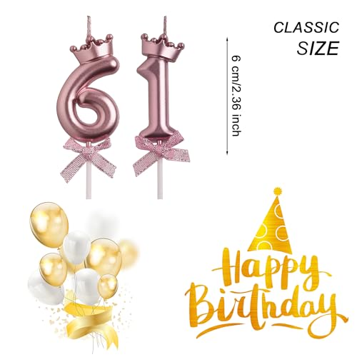 Elegant Rose Gold 61st Birthday Candle Set with Crown Decor
