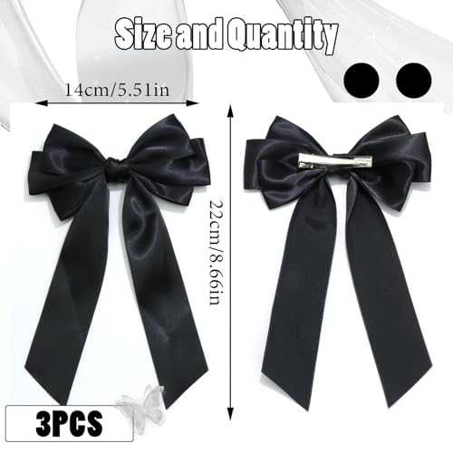 Black Satin Hair Bow Clips 2PCS Oversize Long Tail French Barrette