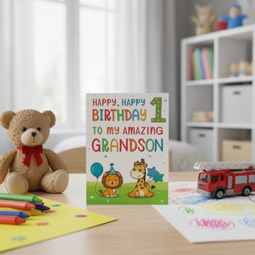 Cute Jungle Animal 1st Birthday Card for Grandson - A5 Premium
