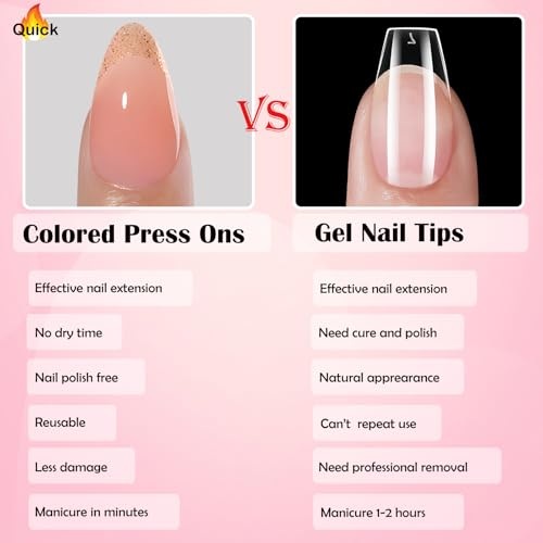 French Tip Short Almond Press on Nails with Glitter, 150 Pcs Nude Fake Nails