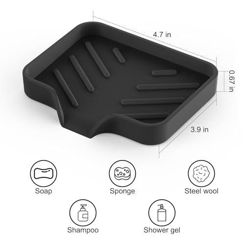 Black Silicone Soap Dish Set - Self-Draining, 4.7"x3.9"