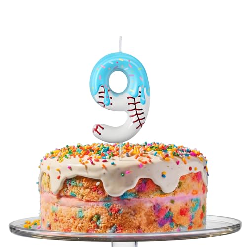 Number 9 Baseball Birthday Candle - Blue Ice Cream Drip Cake Topper