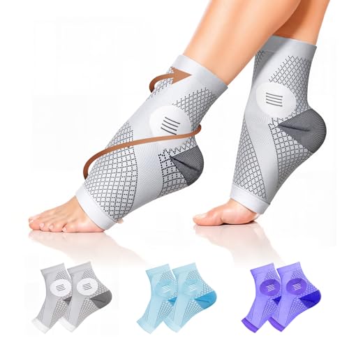 3 Pairs Neuropathy Socks for Women & Men, [Ultra Breathable] Plantar Fasciitis Socks for Achilles Tendonitis Relief, [20-30 mmHg Compression] Ankle Socks for Arch Support (Grey+Blue+Purple, Large)