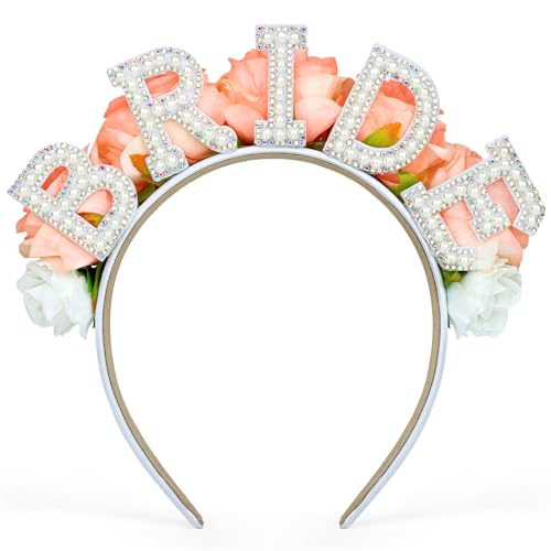 AMCAMI Bride Headband with Pearls and Pink Roses for Bachelorette Party