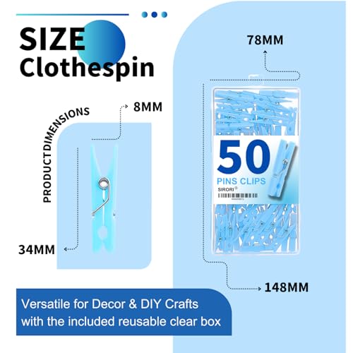 Mini Blue Clothespins 50 Pack for Photos, Decorations & Crafts - SIRORI Mini Blue 50
