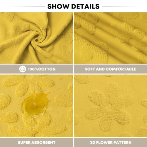 Yellow 3D Floral Jacquard Hand Towel - 100% Cotton, 13.7" x 29.5"