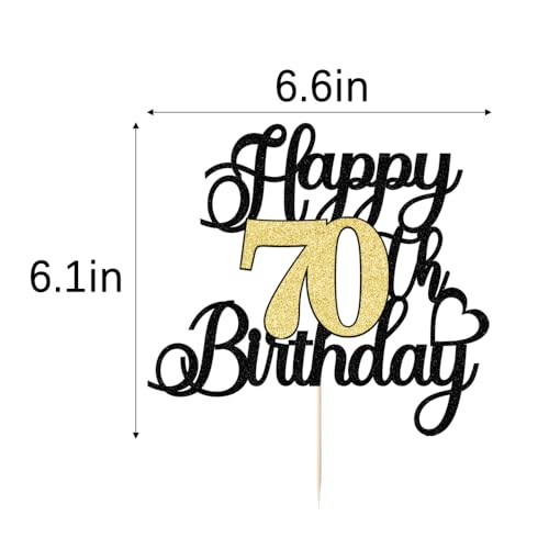 Happy 70th Birthday Cake Topper - Black Gold Glitter Decoration