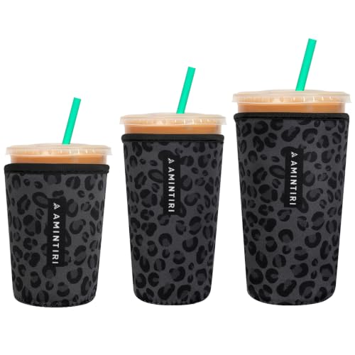 Amintiri Reusable Neoprene Iced Coffee Sleeve 3-Pack - Black Leopard Walk