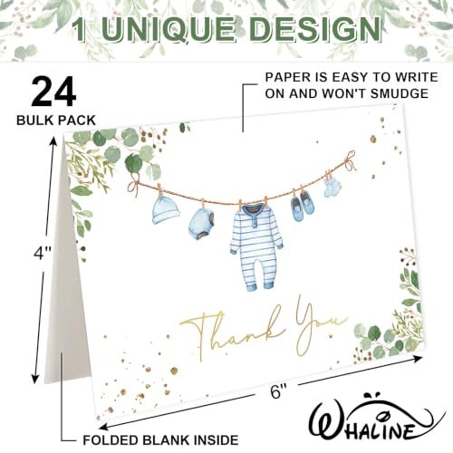Whaline Blue Baby Shower Thank You Cards - 24 Pack with Envelopes & Stickers