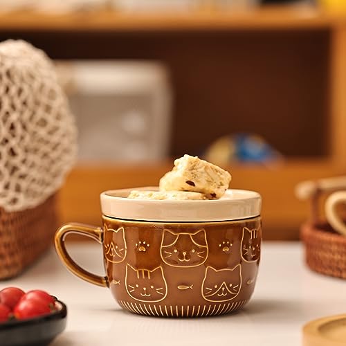 Brown Ceramic Cat Coffee Mug with Lid, Cute Gift for Cat Lovers