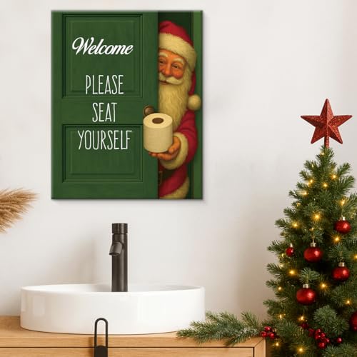 Christmas Bathroom Wall Art Print Vintage Santa Claus Canvas Frame - Seat Yourself 8x10