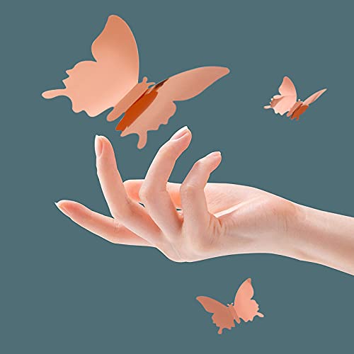 CAYUDEN 24pcs 3D Mirror Butterfly Wall Stickers - Rose Gold Decor