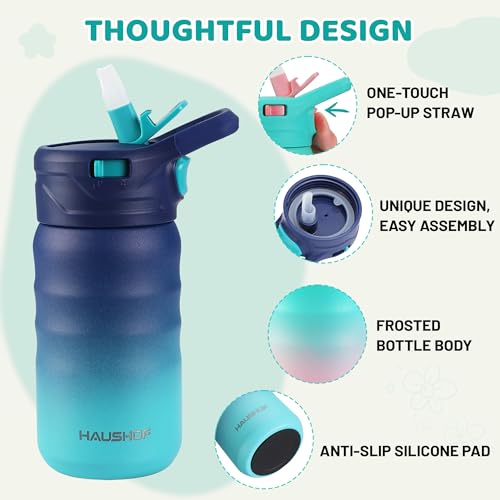 HAUSHOF Kids Water Bottle 2-Pack (12 oz) BPA-free with Straw and Stickers, Stainless Steel Vacuum Double Wall Insulated cup with Leak Proof for school, Gifts, Boys and Girls(Blue/Pink)