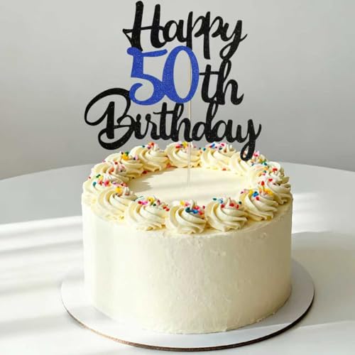50th Birthday Cake Topper - Black & Blue Glitter Decoration
